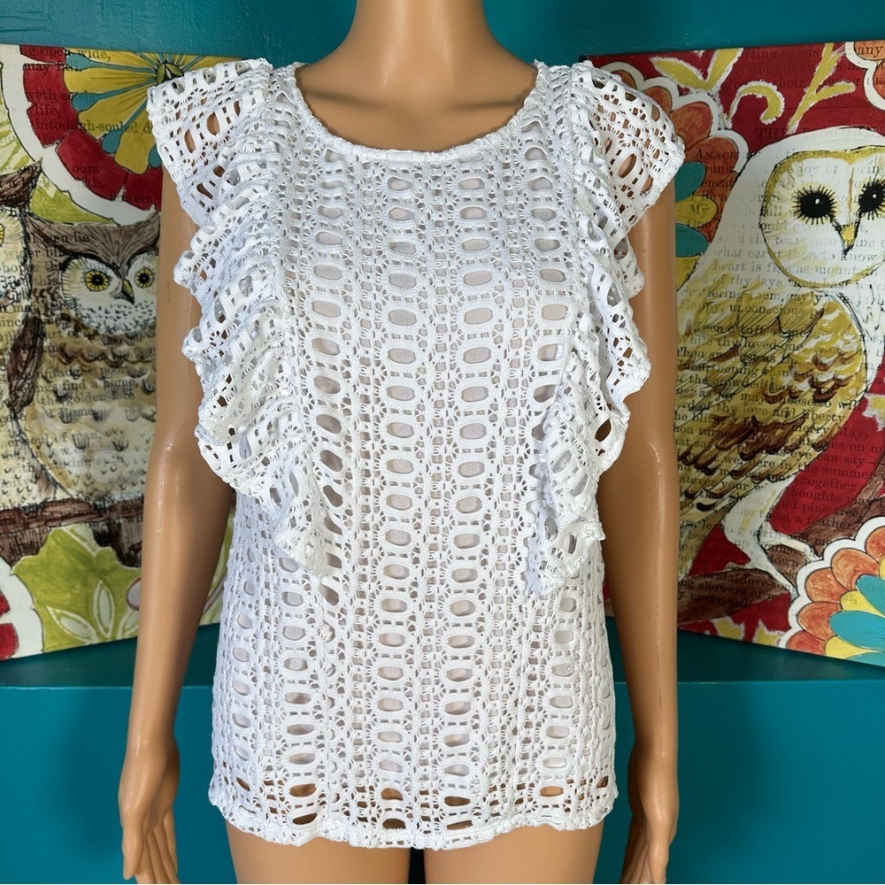 Worthington Sleeveless Blouse White Crochet Ruffle Eyelet Women's Small